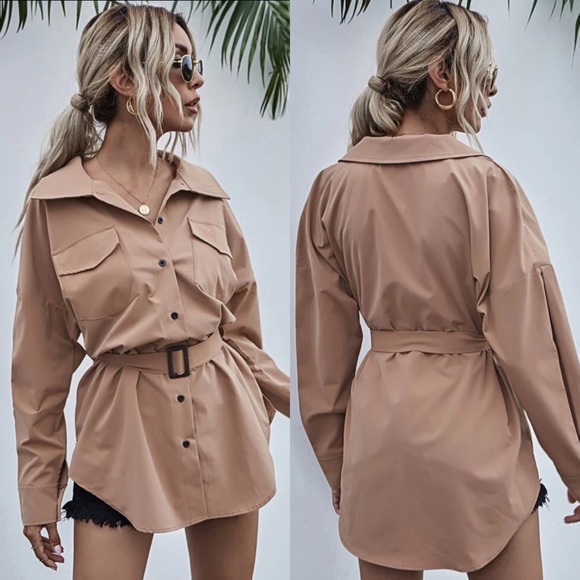 Button Detail Belted Long Sleeve Shirt- BRICK - Picture 5 of 10